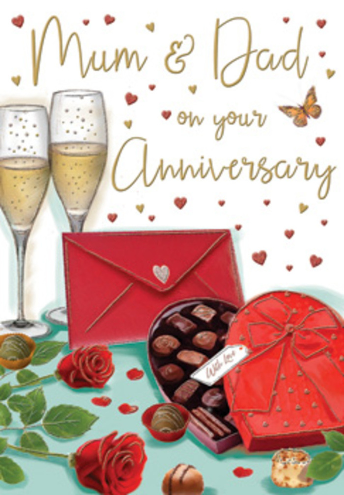 Illustrated anniversary card scene that brings to mind the warmth of a family celebration in East Finchley, perhaps after a stroll through nearby Cherry Tree Wood. The composition centres on two stunning red roses placed on a tabletop, each bloom depicted with velvety petals that spiral outward in deep crimson shades, giving the impression of a bouquet set down between toasts. Surrounding the flowers, rich green foliage adds volume and natural grace, echoing the textures a professional florist would seek out when choosing stems for a romantic arrangement. Beside the roses, a heart-shaped box of chocolates becomes a focal point of indulgence: its lid, adorned with a bold red bow, is tilted back to reveal perfectly arranged chocolates, each one shaded and highlighted to look delectably smooth. Behind this, two tall champagne flutes stand side by side, their clear glass filled with sparkling golden bubbles that rise gently, capturing a sense of joyful anticipation. Tiny hearts in metallic gold and deep red drift around the upper part of the design, intertwining with flowing script that likely carries anniversary wishes and perhaps a loving Mum & Dad message from family. In the lower corner, a vivid scarlet envelope lies quietly, closed and ready to be opened, suggesting intimate words saved for the moment when the glasses are raised. A warm, soft light bathes the entire scene, picking up subtle reflections on glass and satin ribbon and giving the illustration an inviting, homely glow, like lamplight in an East Finchley flat. Overall, the card captures a tender moment of shared celebration, where roses, chocolates, and champagne mark another year of a life lived together.