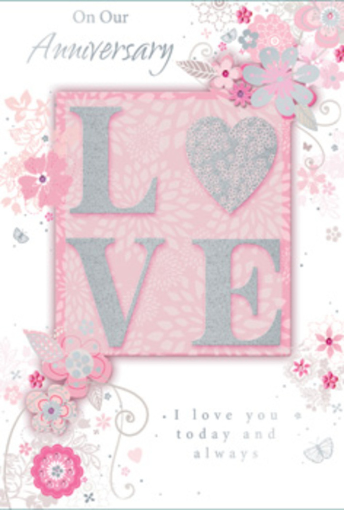 Opening this anniversary card is like stepping into a sunlit room where love is quietly celebrated every day, the atmosphere as gentle and welcoming as a local East Finchley café on a slow morning. At its heart, the word LOVE appears in bold yet graceful capitals, each letter rendered in a frosted glitter print that sparkles softly without harsh glare. The raised texture looks particularly inviting, as if it would offer a pleasant sensation under your fingertips, mirroring the tactile pleasure of holding a hand-tied bouquet. Around the central word, wispy, hand-drawn blooms and delicate sprays drift towards the edges of the card, their lines fine and almost sketch-like. Shades of blush pink, lilac, ivory, and soft dove grey mingle in the petals, creating a palette that feels harmonious and calm, like the gentle colours of spring blossoms around nearby Cherry Tree Wood. Filigree flourishes spiral into dainty leaves, and here and there, tiny butterflies are hidden among the flowers, giving the impression of hearts fluttering quietly rather than loudly proclaiming themselves. The main message, I love you today and always, is printed in graceful, understated type that doesn't compete with the florals but instead settles naturally into the design, like a heartfelt note tucked into a bouquet delivered along the High Road. Soft, diffused light seems to wash over the entire card, emphasising its romantic pastel tones and pearlescent accents. Overall, the card feels like a carefully tied arrangement in paper form-fragrant with sentiment, crafted with an expert florist's eye, and perfect for honouring an enduring love story in East Finchley.