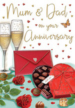 Warm, romantic anniversary card illustration that feels as if it could be set on a table in an East Finchley home, just off the High Road. A pair of luxurious red roses lies at the heart of the design, their petals rendered in deep, velvety crimson that suggests the kind of premium blooms selected for meaningful occasions. The roses rest atop a smooth surface, accompanied by glossy green foliage that adds texture and contrasts beautifully with the rich red tones. Nearby, a heart-shaped chocolate box sits temptingly open, its lid decorated with a generous red satin bow that arches gracefully over the edge. Inside the box, neat rows of chocolates sit nestled in their compartments, drawn with subtle highlights that give them a mouth-watering sheen. Standing behind this indulgent detail are two tall champagne flutes, slender and elegant, filled with golden fizz that rises in soft streams of bubbles, echoing the joy of an anniversary toast shared at home after a bouquet delivery from Florist East Finchley. Around the glasses and chocolates, delicate hearts in red and gold drift across the background, surrounding a hand-lettered greeting that may include a fond Mum & Dad, adding a sense of family warmth. In the foreground, a vivid red envelope is carefully arranged, sealed as if guarding a personal message of appreciation and love. Gentle, diffused light bathes the scene, catching on glass, ribbon, and petals, creating an inviting glow that mirrors the quiet comfort of an East Finchley evening. The entire composition radiates tenderness, celebration, and the enduring sweetness of a shared life together.